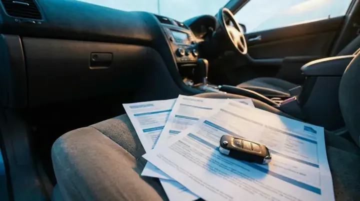 Three printed insurance quotes fanned out on a car seat beside a key fob