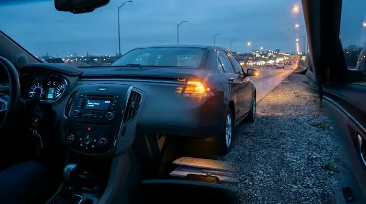 A car stopped on a highway shoulder with hazard lights on at blue hour