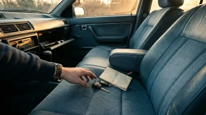 Car keys and a folded document on a car seat