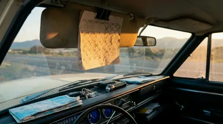 A paper calendar clipped to a car sun visor
