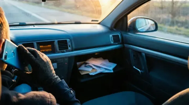 A driver on a phone call in a parked car with insurance papers in the open glovebox