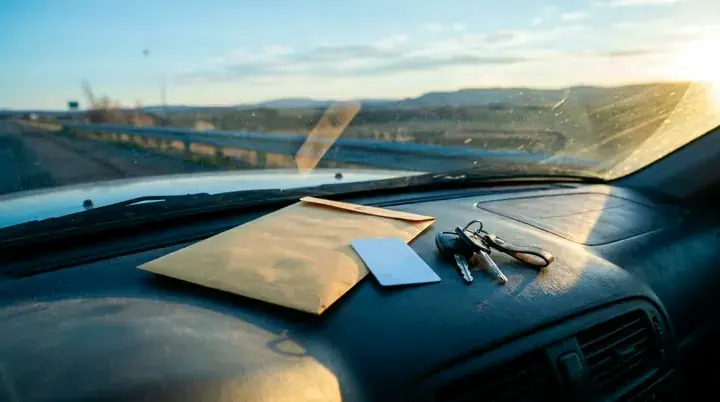 A sealed envelope, a blank card and car keys on a dashboard in morning light