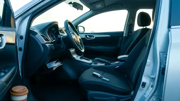 A rental car key fob on the seat of a car with the door open