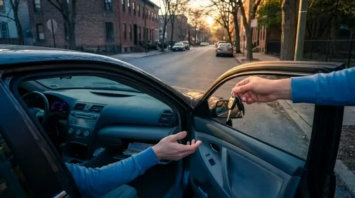 One hand passing car keys to another beside an open car door