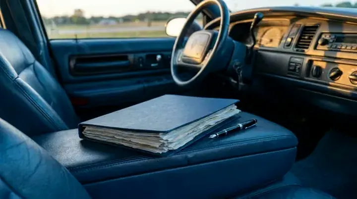 A folder of paperwork and a pen on a car's center console
