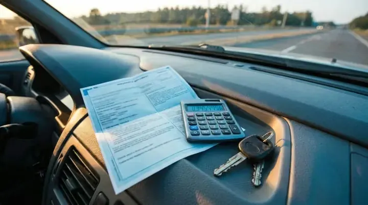 An insurance bill, a calculator and car keys on a car's center console