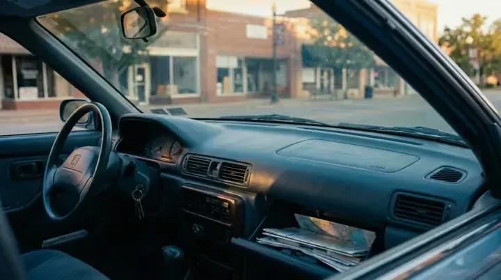 A small-town main street seen from a parked car