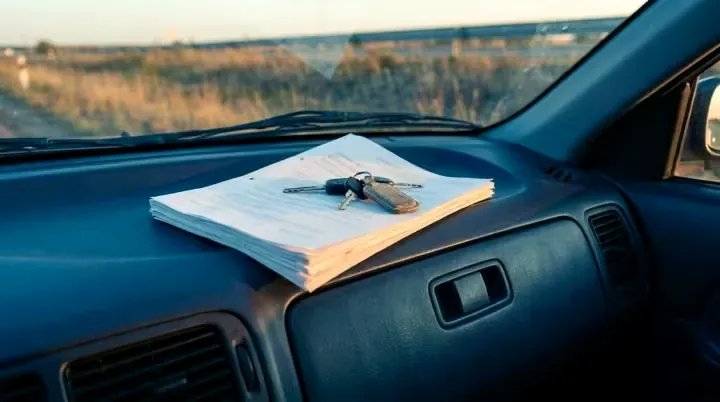 A stapled insurance policy resting on a closed glovebox with car keys on top