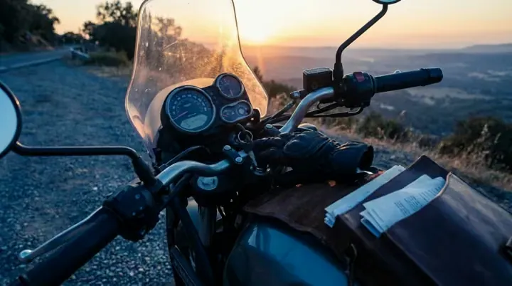 A motorcycle parked at a roadside overlook at golden hour