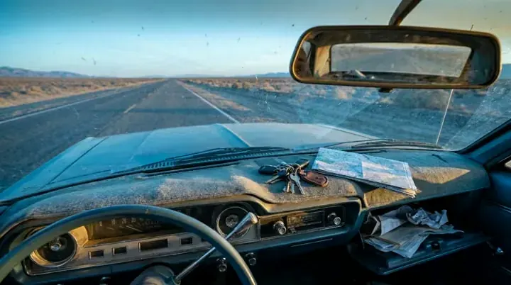 A straight road under a blue sky seen through a windshield