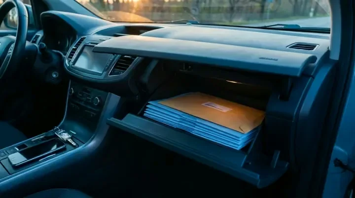 An open glovebox with folded insurance paperwork inside