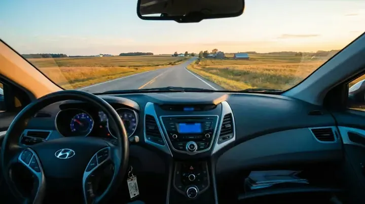 An open two-lane highway through farmland seen over a dashboard